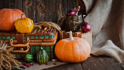 Happy Thanksgiving background, pumpkins and wicker basket on old wooden table.