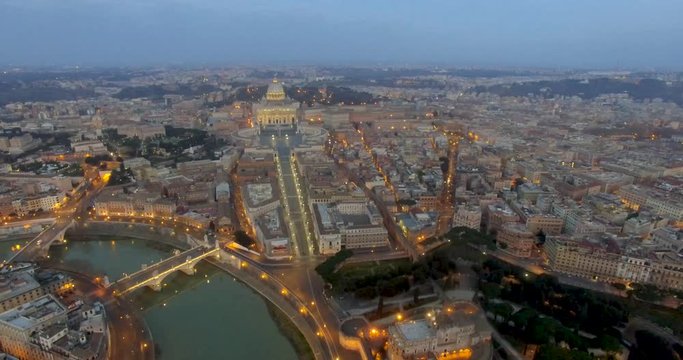 Aerial view over the City of Rome, Vatican, Castel Sant Angelo fortress and bridge