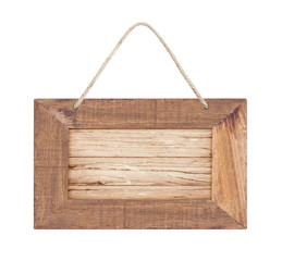 empty wooden sign with lope for hang on white background with clipping path