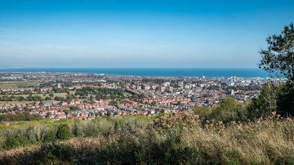 Eastbourne, East Sussex, England. An elevated view of the popular English south coast resort town with an elevated view from the South Downs.
