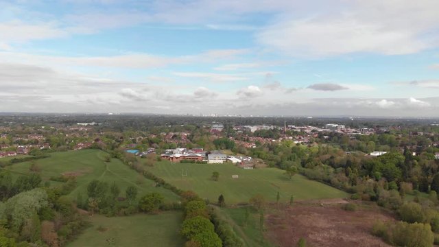 Birmingham Viewed From Solihull Nature Reserve Spring Cloudy Blue Sky Aerial 4K