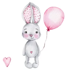 Glasschilderij Schattige konijntjes Schattige cartoon klein konijntje met roze ballon  aquarel hand tekenen illustratie  met witte geïsoleerde achtergrond