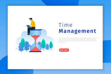 Productivity and time management concept illustration. Men sit working on their laptops. Landing page illustration for website.