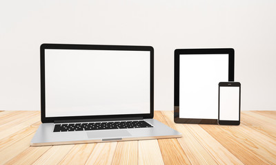 Blank Computer, laptop, smartphone, tablet,on wood table background, workspace, mock up, illustration 3D rendering