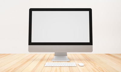Blank Computer on wood table background, workspace, mock up, illustration 3D rendering