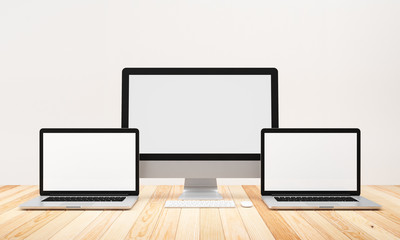 Blank Computer, laptop, on wood table background, workspace, mock up, illustration 3D rendering