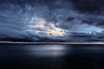 Dramatic panoramic view of the sea and moody cloudy sky
