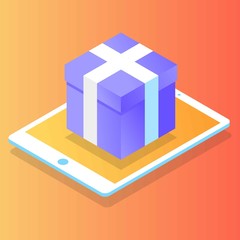 Flat isometric online shopping e-commerce concept: purple box on tablet screen, Boutique, clothing store. Landing, banner template. transactions on screen. Fast delivery, store package