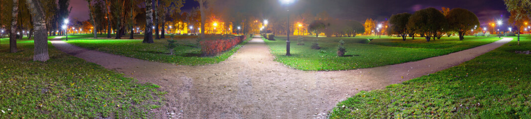 Fork of three roads at night. Choosing a path in the suburb square.