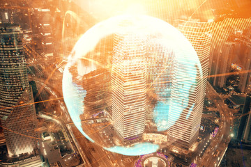 Double exposure of business theme hologram drawing and city veiw background. Concept of success.