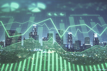 Forex chart on cityscape with tall buildings background multi exposure. Financial research concept.