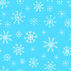 Vector seamless pattern with simple white linear snowflakes on light blue. Winter holiday decor/