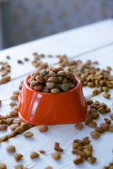 Fresh and natural dry pet food in a orange plastic bowl