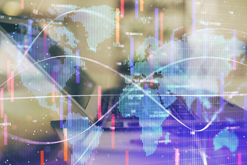 Double exposure of business theme icons and work space with computer background. Concept of success.