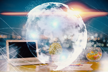 Double exposure of business theme icons and work space with computer background. Concept of success.