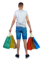 back view of man in shirt with shopping bags.