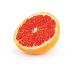 Obraz na płótnie Canvas Half sliced fresh orange grapefruit/pomelo with red juicy pulp, isolated on a white background front side.