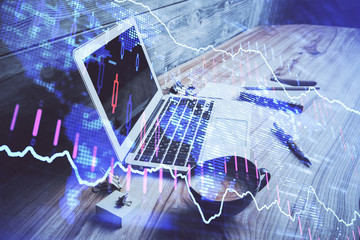 Multi exposure of forex chart and work space with computer. Concept of international online trading.