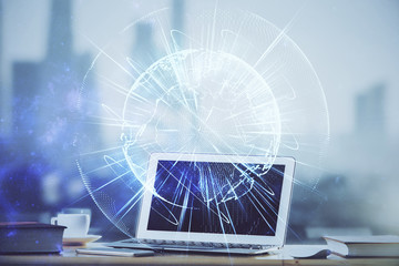 Multi exposure of business theme icons and table with computer background. Concept of success.