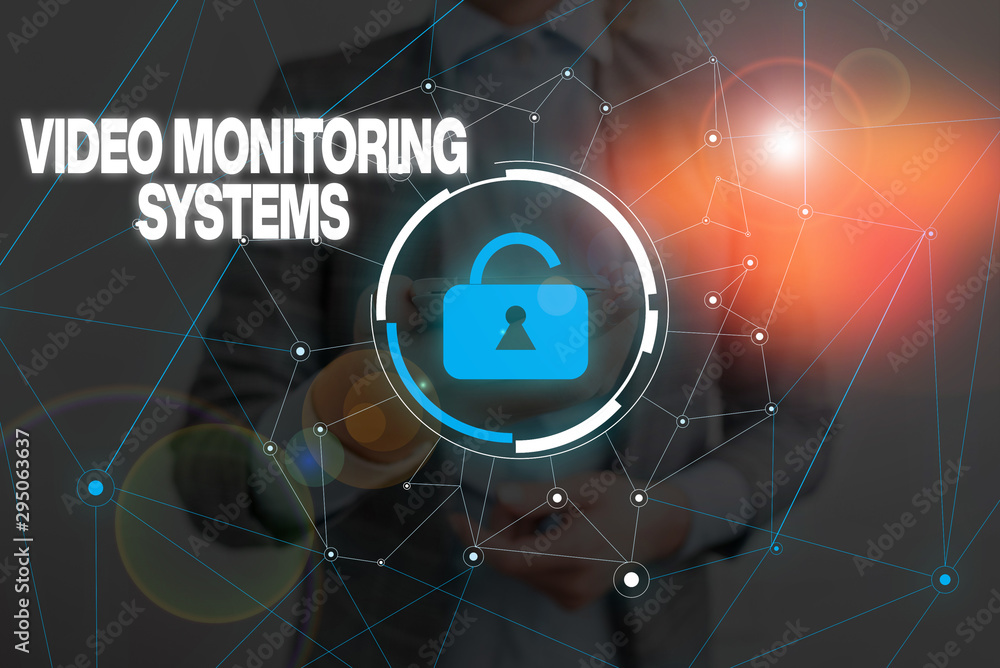 Poster handwriting text writing video monitoring systems. conceptual photo surveillance transmit capture im