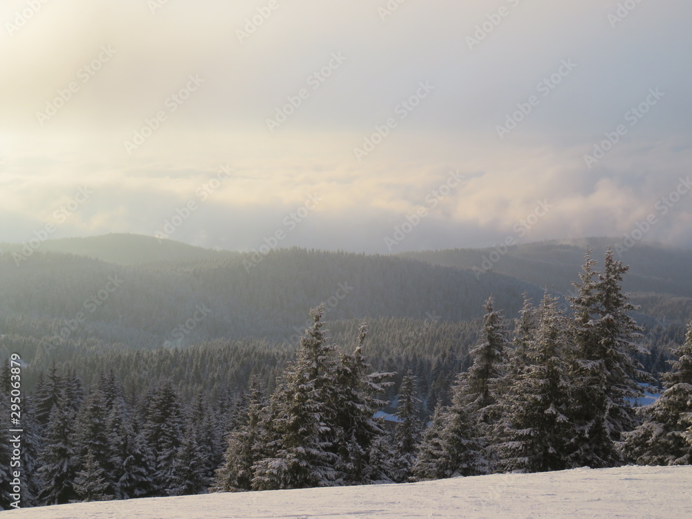 Wall mural mountain landscape a mountain covered with snow in the faint winter sun