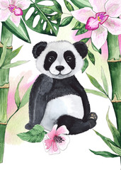 Watercolor pre-made card with pandas and tropical flowers, palm leaves, green bamboo 