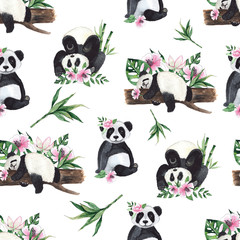 Watercolor seamless patterns with pandas and tropical flowers, palm leaves, green bamboo on a white background