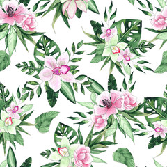 Watercolor handwritten tropical seamless pattern with pink and green flowers orchids and leaves