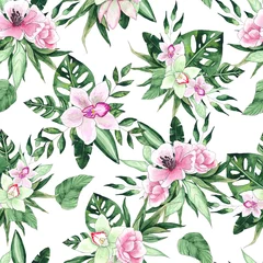 Behang Watercolor handwritten tropical seamless pattern with pink and green flowers orchids and leaves © Анна Егорова