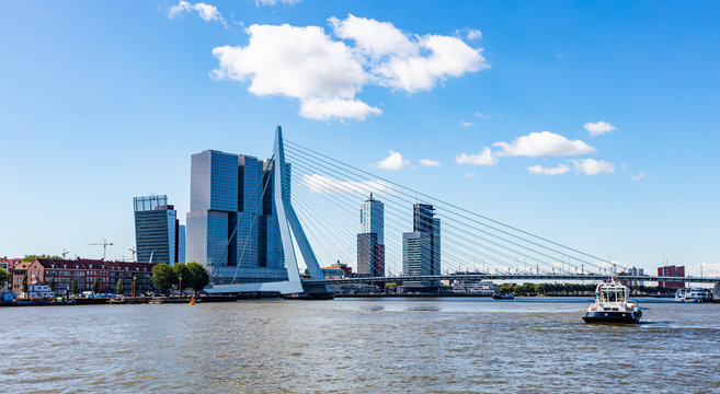 Cityscape and Erasmus bridge, sunny day. Rotterdam, Netherlands.