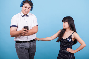 Upset asian girlfriend on her boyfriend for ingnoring her