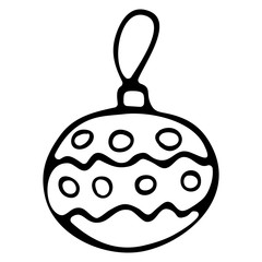 New Year's Tree Toy Balloon Black and White Doodle Style. Christmas glass toy ball on a rope vector