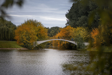 stone bridge over the river. Golden autumn in the park