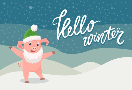 Card hello winter with symbol of 2019 pig. Pink happy piggy with Santa green hat and beard, standing under snowfall outdoor vector winter dark night