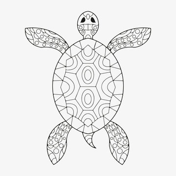 Turtle with patterns coloring page. Hand drawing coloring book for children and adults. Beautiful drawings with patterns and small details. Vector.