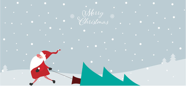 Merry Christmas - Geschenkkarte, Weihnachtswichtel zieht Tannenbaum hinter sich her, Banner
