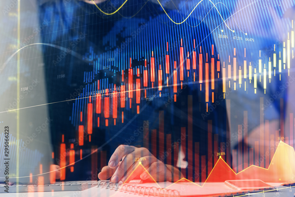Aufkleber forex graph with businessman typing on computer in office on background. concept of analysis. double