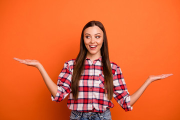 lose up photo portrait of pretty attractive charming intriguing lady showing balance with hands...