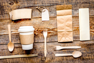 paper bags and plastic cup for take away set top view space for text