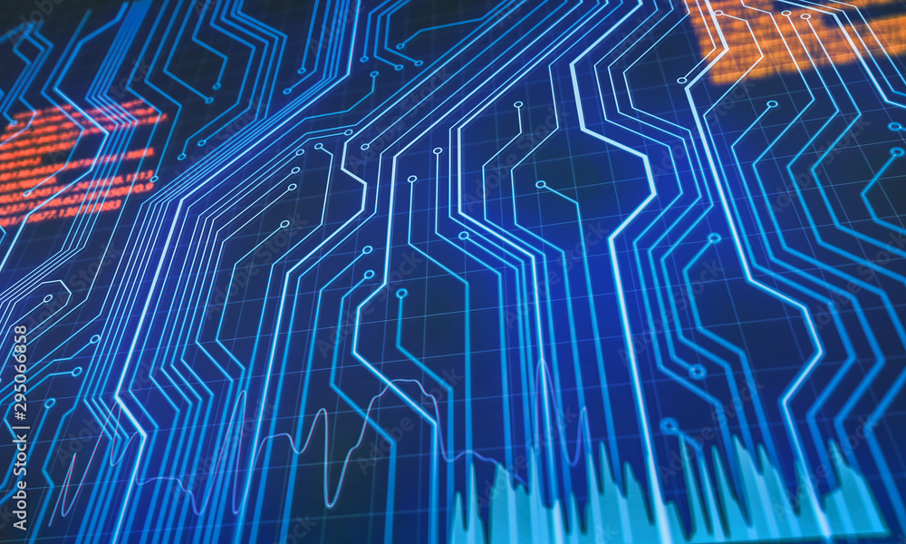Poster abstract technological background. neon circuit board with bokeh effect.