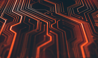 Abstract technological background.  Neon circuit board with bokeh effect.