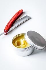 white desktop with tools for shaving beards