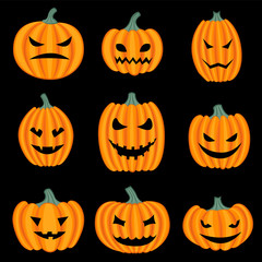 Set of Halloween pumpkins with different faces. Vector illustration.