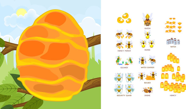 Educational game: assembling internal structure of beehive and honey bee family from ready-made components in form of stickers