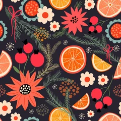 Behang Kerst naadloos patroon met stukjes sinaasappel en seizoensplanten © lilett