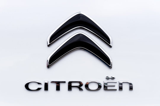 Kielce, Poland, March 16, 2019:  New Citroen Auto emblem on a car rear hood in close-up. Citroen is a famous French automobile manufacturer, part of the PSA Peugeot Citroen group.