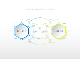 Two items  comparison vector template with hexagons.