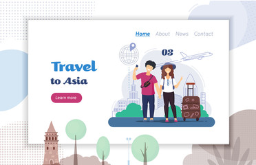 Japanese Chinese tourists smile man and woman, photography selfies amid the building landmarks. Travelers with luggage rolling bag vector cartoon character illustration website landing page