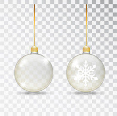Christmas transparent glass ball. Xmas glass bauble on transparent background. Holiday decoration template. Stocking Christmas decorations.Transparent vector object for design, mocap. Vector