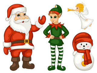 Set of cute cartoon Christmas characters. Santa Claus, elf, snowman and angel. Isolated on white background. Vector illustration.